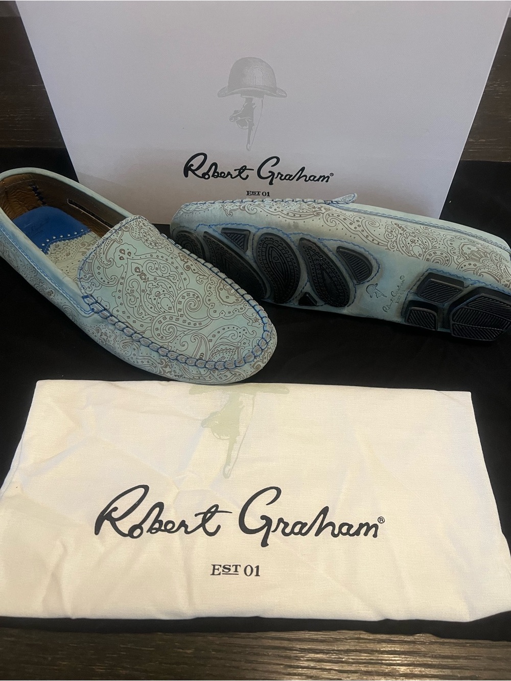 Robert Graham Light Blue Paisley Leather Driving Loafers